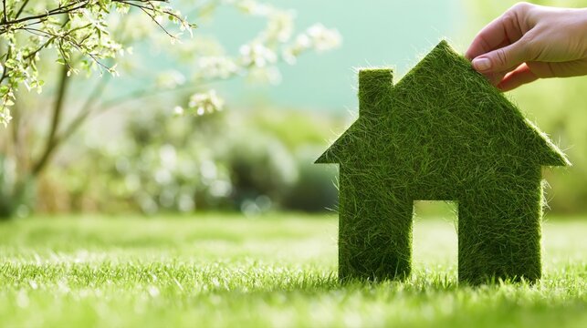 Hand holding a grass-covered house silhouette in a green garden