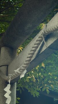 cinematic vertical low angle shot panning right on a traditional japanese stone torii gate adorned with a sacred shimenawa rope and white shide paper streamers against green trees and bright sky