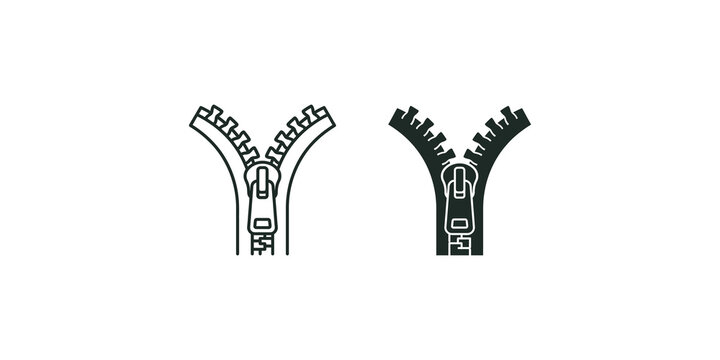 Open zipper fasteners with metal teeth in black and outline graphic styles for clothing and design.