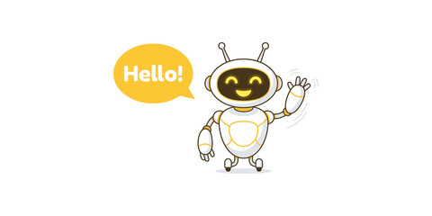Cute cartoon robot character saying hello with waving hand and speech bubble for children communication. © Visionix