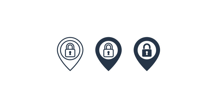 Three map pointer location icons with locked padlocks in outline and solid styles for secure geofencing services.