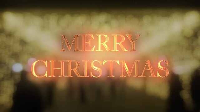 きらびやかな玉ボケの光に包まれた金色に反射するメリークリスマスの3D文字