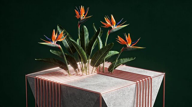 Bird of paradise flowers in modern geometric pot with red glowing lines