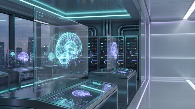 Advanced neuro-computational research facility showcasing holographic brain interfaces and artificial intelligence data analysis in a futuristic lab setting