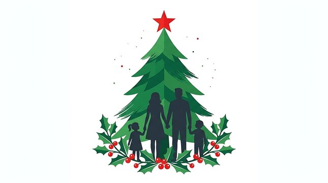 Family silhouettes standing together under christmas tree with holly