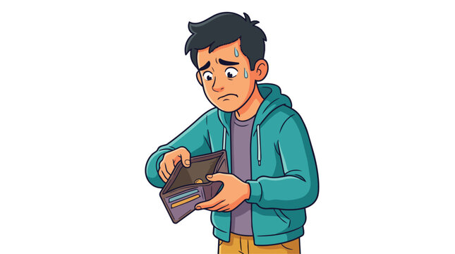 Worried young man looking into an empty wallet, financial crisis, inflation, and budget problem concept vector illustration