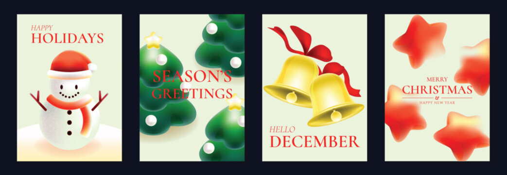 Christmas Vector Cards Featuring Snowman Green Baubles Golden Bells Plus Soft Red Star Ornaments