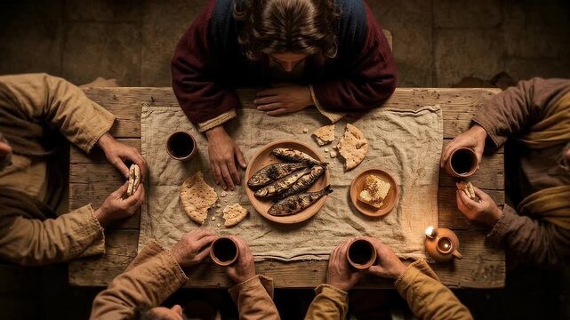 Jesus Christ Sharing Bread and a Meal With His Disciples in Last Supper, Intimate Biblical Gospel Scene of Fellowship, Faith, Community, Hospitality, Teaching, Love, Gratitude and Devotion