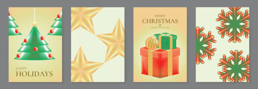 Christmas Vector Greeting Card Templates With Stylized Trees Golden Stars Wrapped Presents and Festive Snowflakes