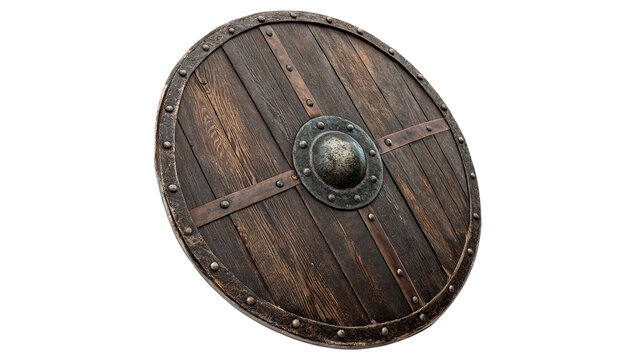 Ancient medieval weathered brown wooden shield round viking weapon armory artifact, isolated on transparent background.