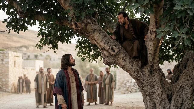 Jesus Christ Looking Up at Zacchaeus in a Sycamore Tree as Disciples and Townspeople Watch, Biblical Gospel Scene of Repentance, Grace, Acceptance, Salvation, Curiosity and Personal Transformation
