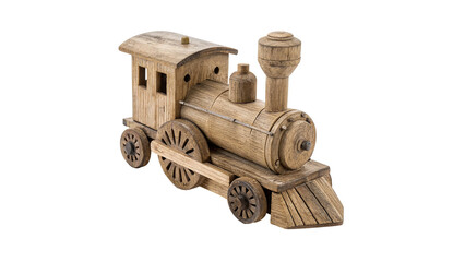 Vintage handcrafted wooden toy train locomotive engine childhood nostalgic game play, isolated on transparent background. © Gabriel