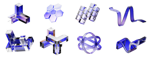 Plakat Futuristic glass geometric 3D elements. Abstract liquid figures render. Holographic cube blocks, wave ribbons, hexagon shield dome, tech sphere shape with neon purple blue gradient