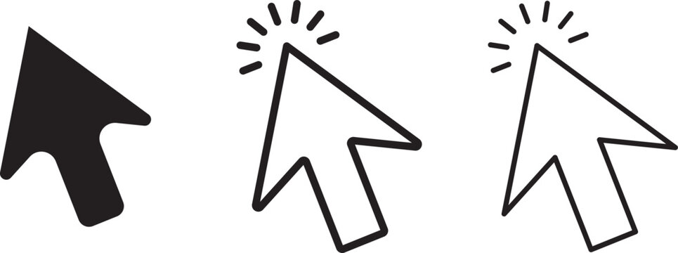 &nbsp;Set of computer mouse cursor pointer icons including solid black arrow and clicking line art cursors vector illustration. User interaction cursor indicators, web navigation arrow pointers, and mouse 