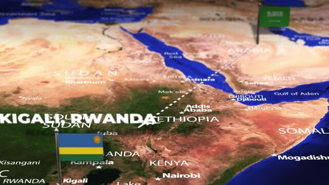 Flight From Riyadh SAUDI ARABIA to Kigali RWANDA with flag pins