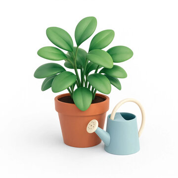 Green houseplant in a terracotta pot stands beside a blue watering can on a white background, representing indoor gardening and plant care.