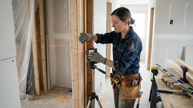 Skilled tradesperson using a precision leveling instrument to accurately align an interior doorway frame during a residential home improvement and renovation project using specialized hand tools