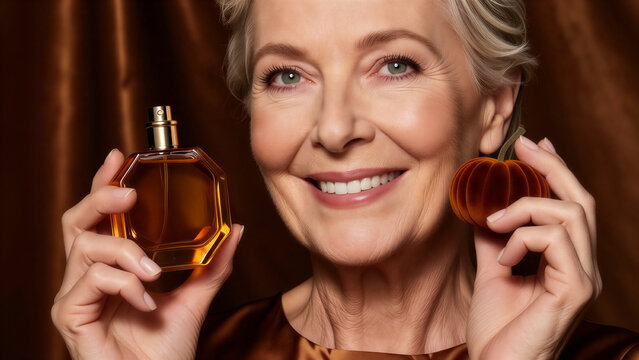Smiling senior woman holding perfume bottle and small pumpkin