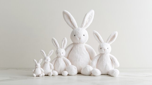 Five bunny plush toys are displayed from tiny to large on a marble surface with clean studio light in a studio setting.