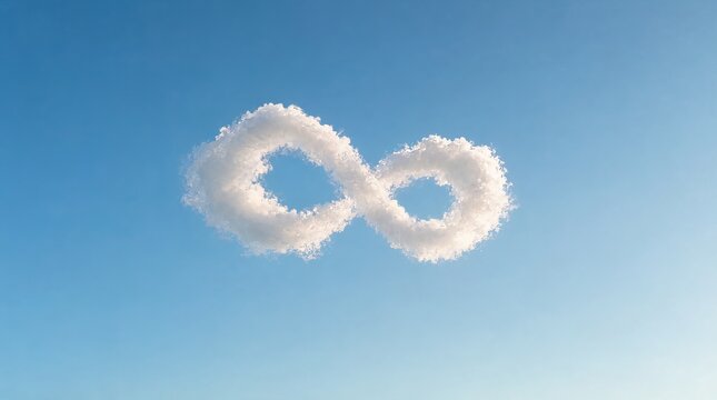 Minimal infinity symbol formed from soft natural white fluffy cloud floating in blue endless sky.
