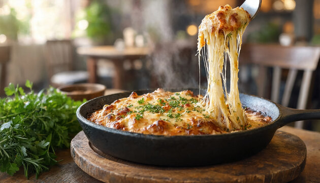 Baked cheesy pasta is lifted from a cast iron skillet, showing melted cheese and steam on a rustic restaurant table.