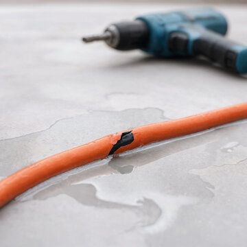 Damaged orange electrical cable lies on a wet concrete surface with a cordless power drill in the background, showing repair and electrical safety concerns.