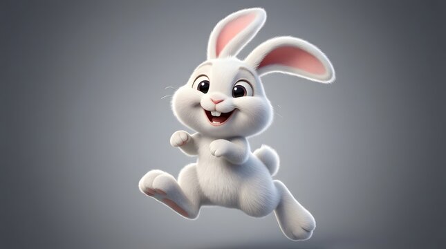 Adorable white rabbit leaping with joy in a playful and cheerful animated style