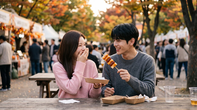 가을 축제에서 꼬치를 먹으며 웃는 커플 &middot; Laughing Couple Eating Skewers at Autumn Festival