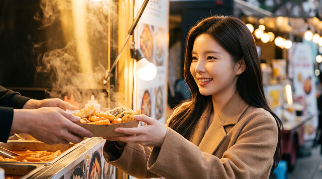 야시장 노점에서 길거리 음식을 받는 여성 &middot; Woman Receiving Street Food at Night Market Stall