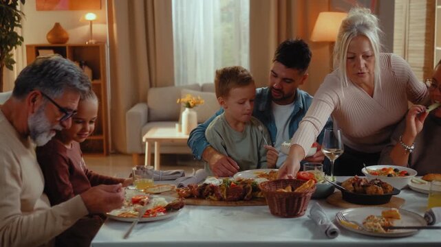Multigenerational family passing serving bowls during shared lunch at home, enjoying warm conversation and togetherness