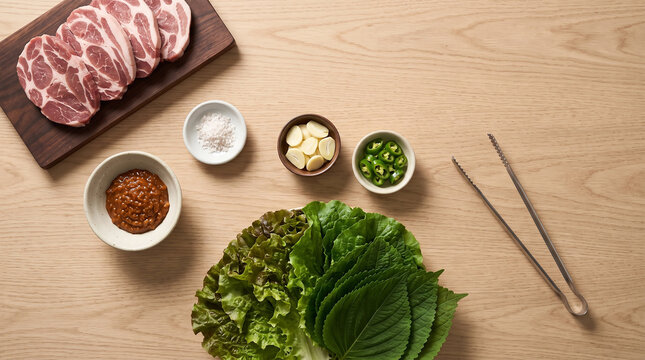 돼지 목살과 쌈채소, 쌈장 재료 탑뷰 &middot; Top View of Raw Pork Neck, Lettuce Wraps and Ssamjang