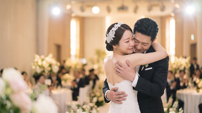웨딩홀에서 서로를 꼭 끌어안은 감동적인 신랑 신부 &middot; Emotional Bride and Groom Embracing in Wedding Hall