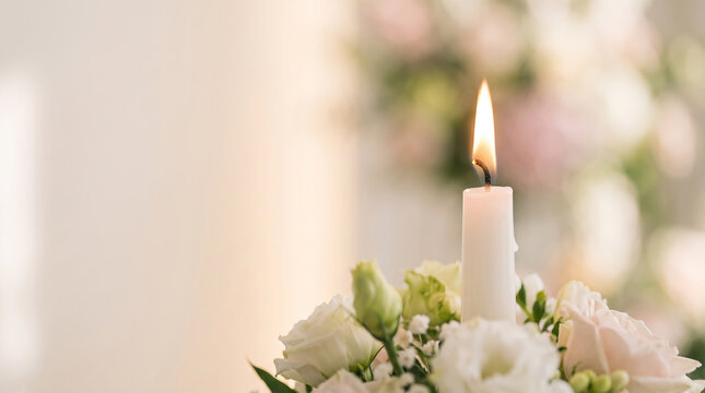 흰 꽃 사이에서 타오르는 촛불과 부드러운 배경 &middot; Lit White Candle Among White Flowers with Soft Background