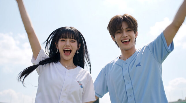 푸른 하늘 아래 팔을 벌리고 환호하는 젊은 커플 &middot; Young Couple Cheering with Arms Raised Under Blue Sky