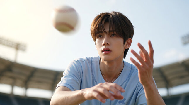날아오는 야구공을 잡으려는 젊은 남성 &middot; Young Man Reaching to Catch a Flying Baseball in Stadium