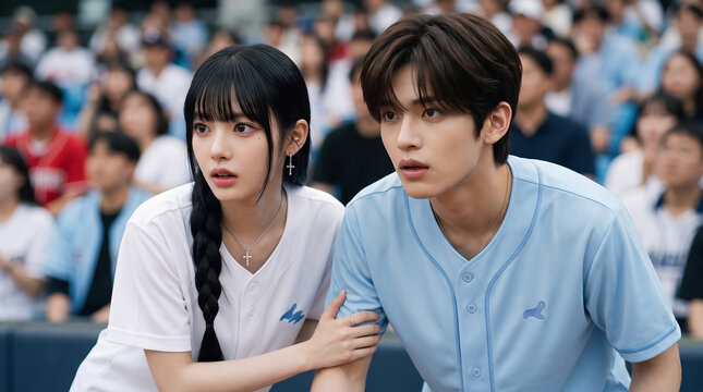 긴장한 표정으로 경기를 지켜보는 야구장 커플 &middot; Tense Young Couple Watching a Baseball Game Intently