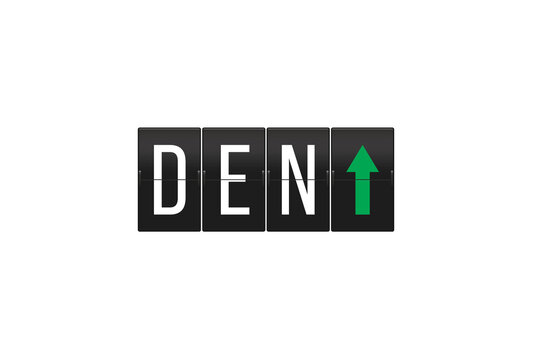Split-flap display reading DEN with a green upward arrow on black panels, symbolizing Denver arrivals, departures, travel growth and positive progress on transparent background