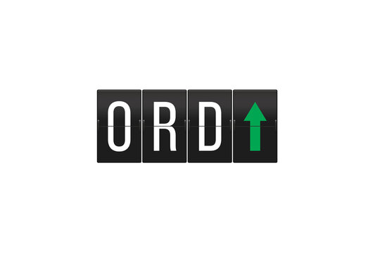 Split-flap display showing ORD airport code with a green up arrow, symbolizing departures or a change in status, on a transparent background for versatile use