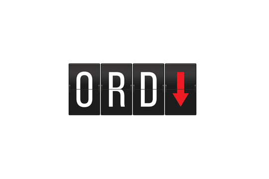 ORD airport code on a retro split-flap display board showing arrival information, indicating a plane landing or descending, presented on a transparent background