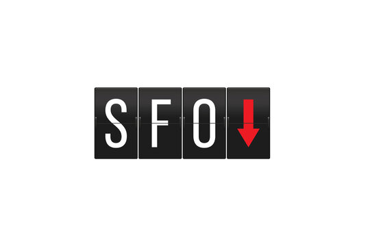 SFO airport code shown on a mechanical split-flap display panel with a red downward arrow, representing arrivals or a declining trend, on a transparent background