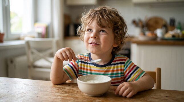 A cute curly-haired toddler in a striped t-shirt smiling happily while eating a bowl of yogurt at a kitchen table