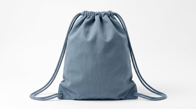 A dusty blue canvas drawstring backpack mockup isolated on a clean white studio background
