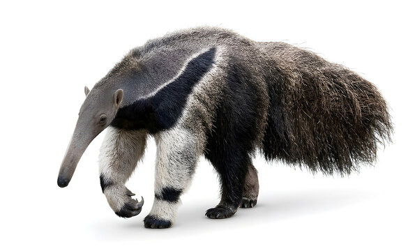 Giant anteater walking in side view with long snout and bushy tail isolated on a white background