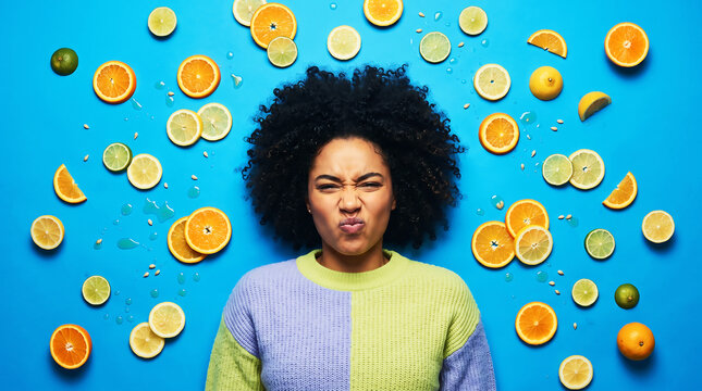 Woman making exaggerated sour face expression with citrus slices and juice splash on vibrant blue background