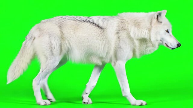 Realistic Arctic Wolf Walking Through the Frame on a Solid Chroma Key Green Screen Background for Compositing Stock Video