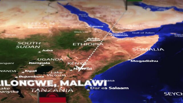 Flight From Riyadh SAUDI ARABIA to Lilongwe MALAWI with flag pins