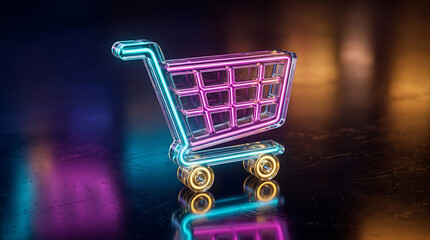 A glowing neon shopping cart symbol rendered in vibrant colors on a dark reflective surface © Irfan
