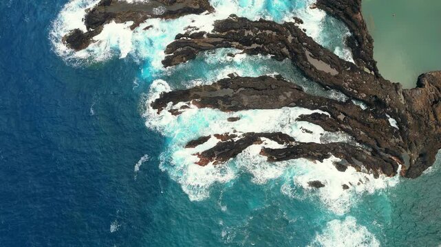 Top down aerial of turquoise surf and rocky Madeira shoreline