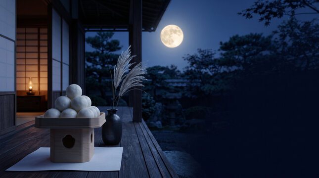 Tsukimi dango and pampas grass on a veranda under a full moon
