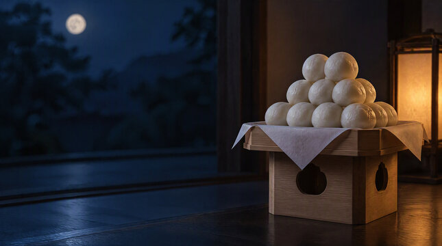 Stack of white tsukimi dango on a wooden stand at night